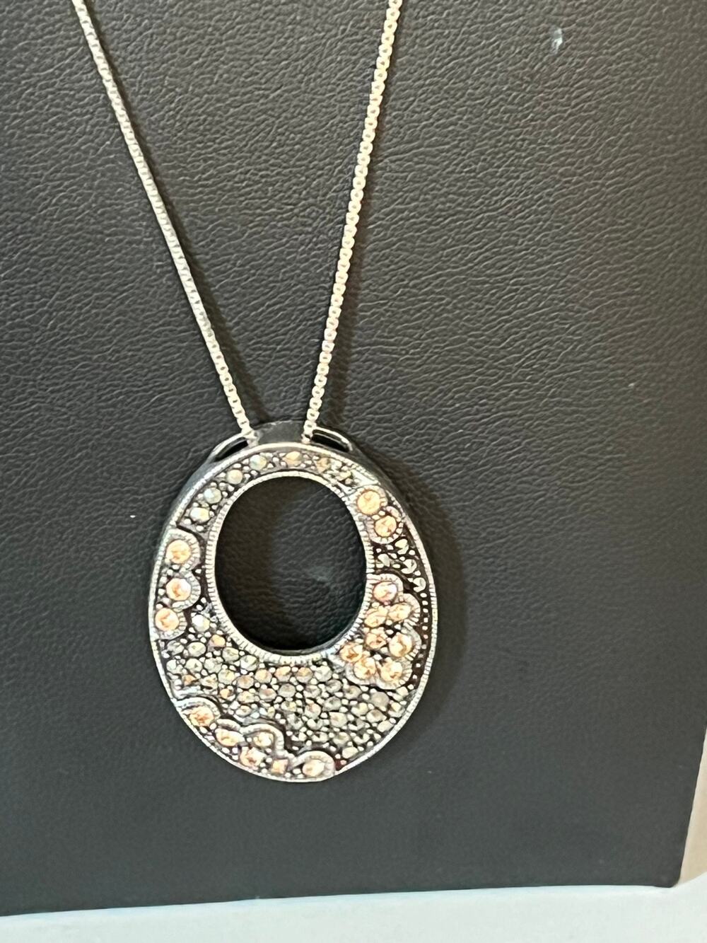 Sterling silver pink rhinestones marcasite pendant necklace